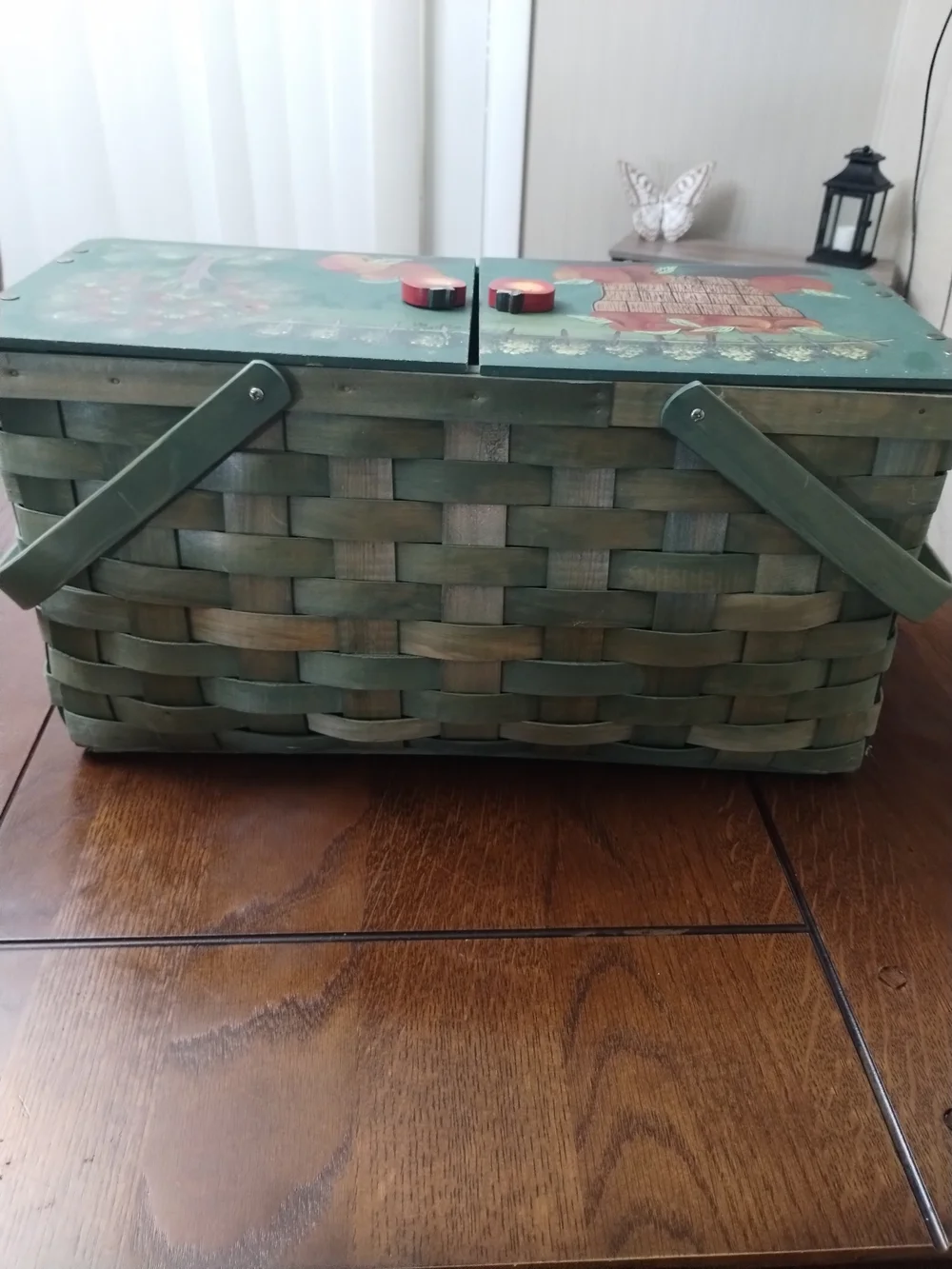 Vintage Handcrafted Green Woven Picnic Basket with Apple Accent